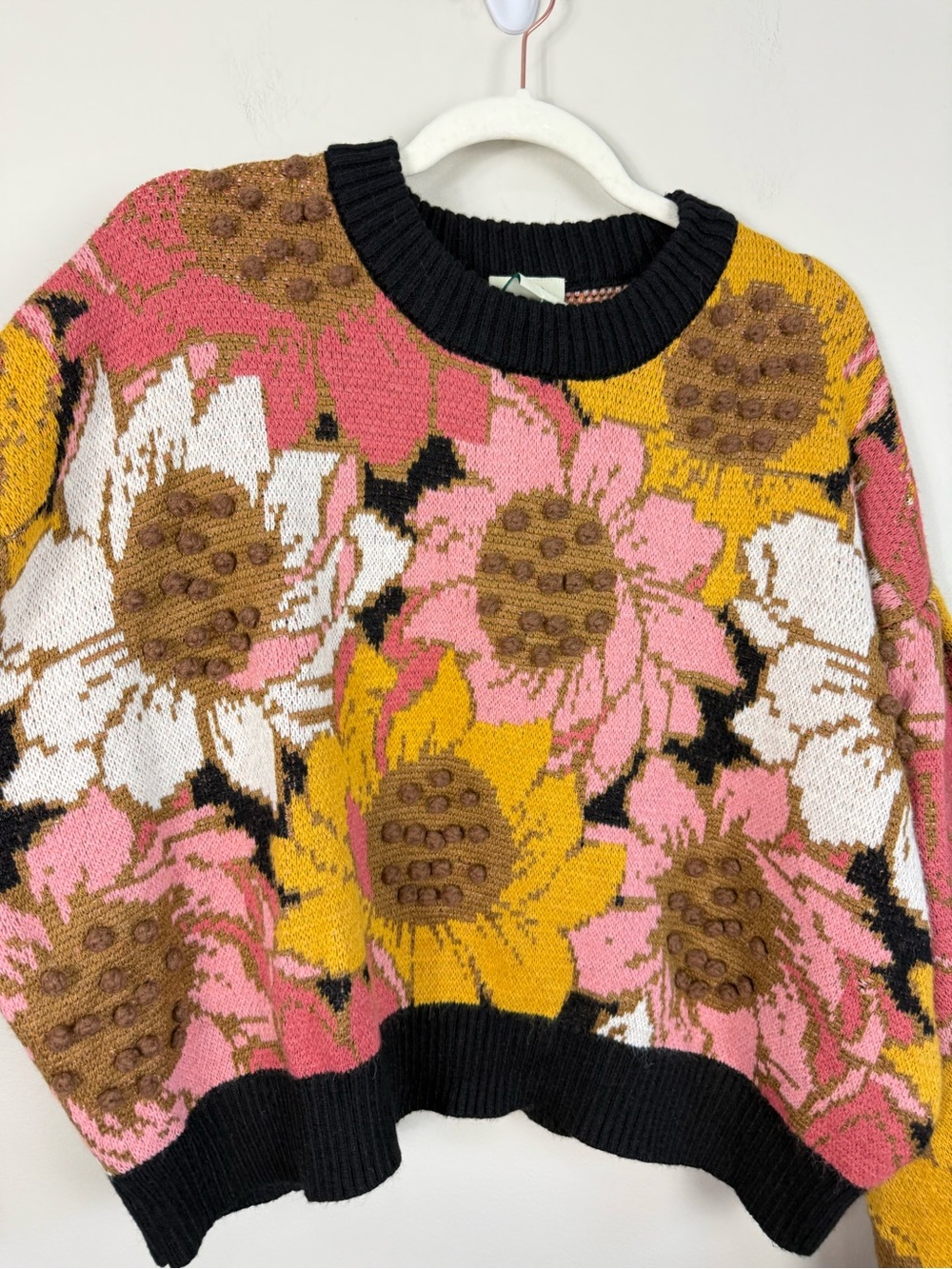 Farm Rio Sweater Women XL Floral Embroidered Sunflower Pom Pom Pink Brown Yellow - Picture 4 of 11